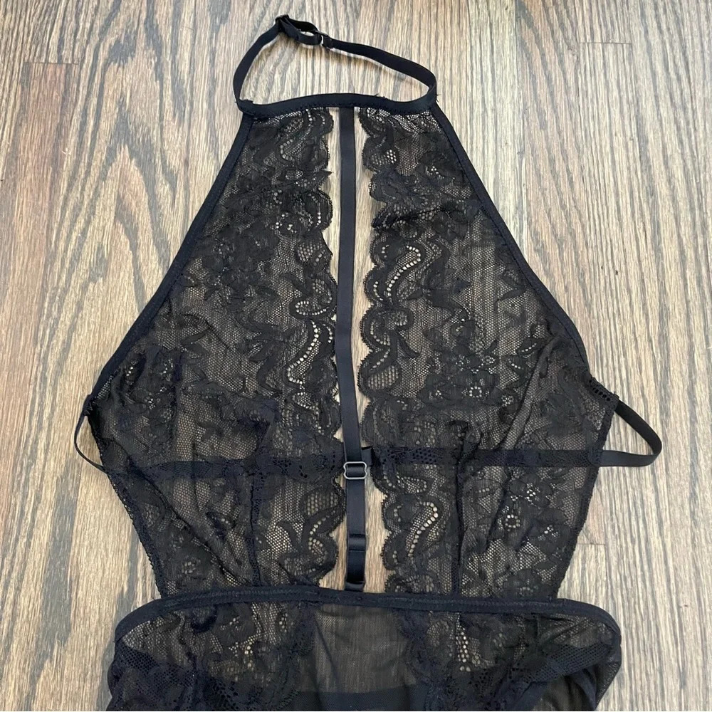 Rene Rofe black lace unlined high neck bodysuit size S/M - Picture 2 of 7
